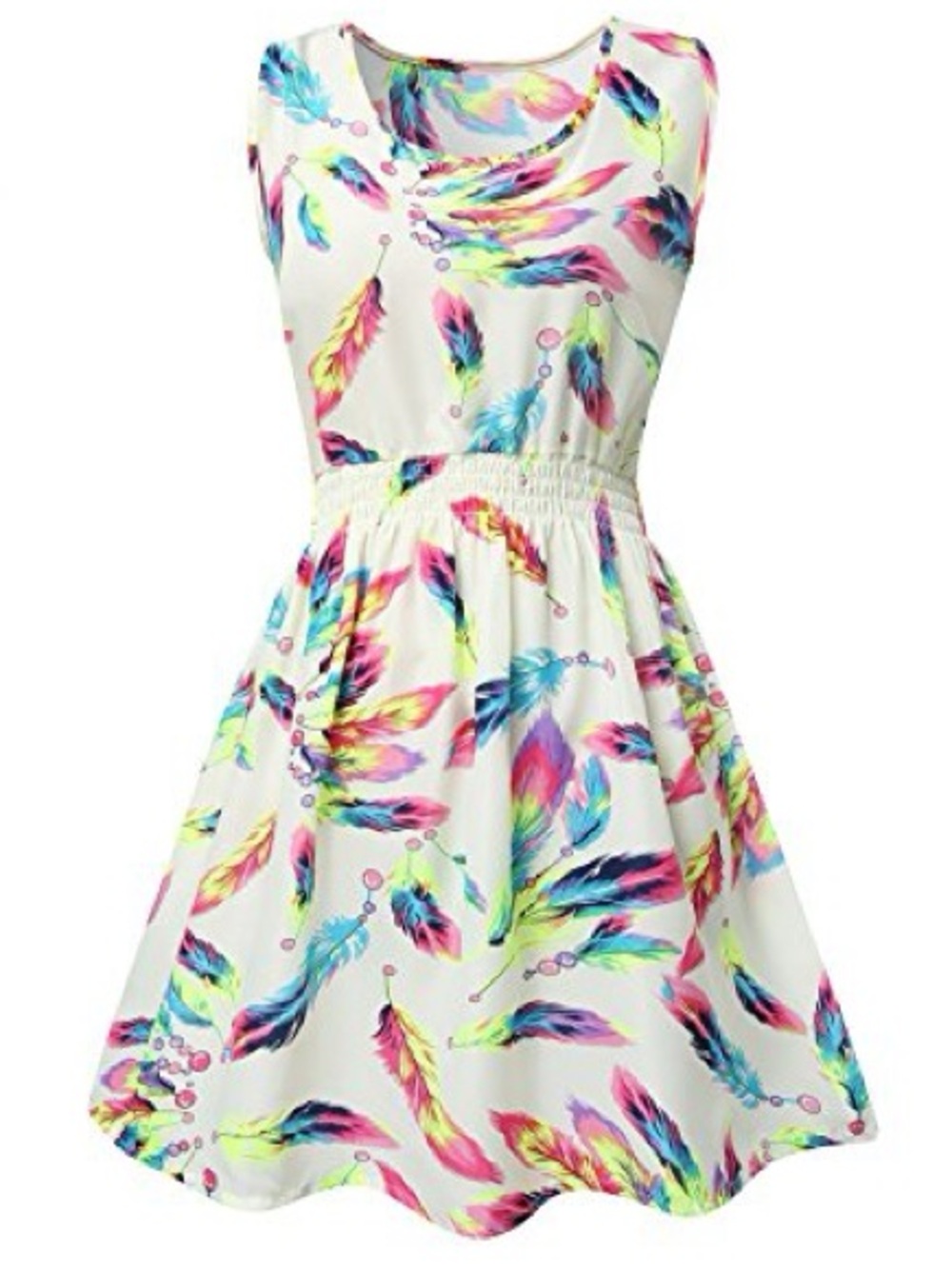 Liva Girl Silky Neon feathers Sleeveless White Waist Cinched Sundress Size XL